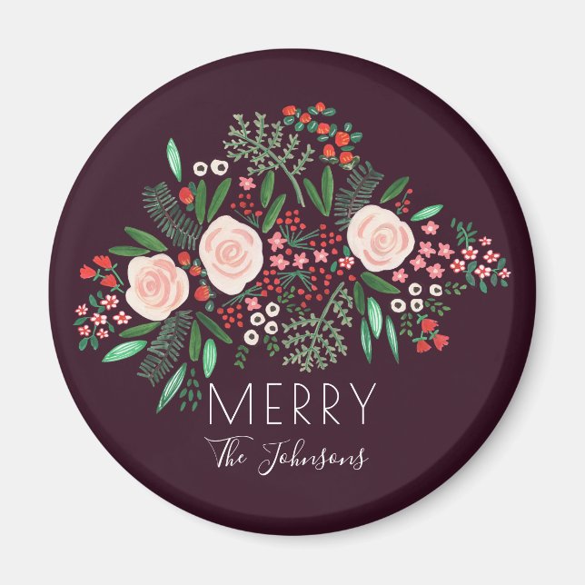 Floral Burgundy Roter Weihnachtsfeiertag Magnet (Vorne)