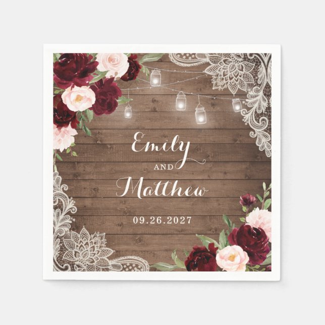 Floral Burgundy Rustic Wood Lace String Lights Serviette (Vorderseite)