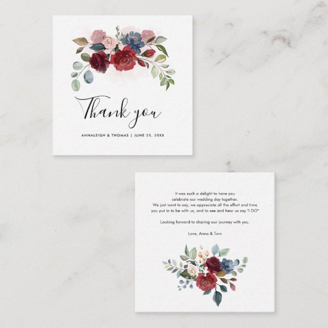 Floral Burgundy Script Elegant Wedding Vielen Dank Mitteilungskarte (Vorne/Hinten)