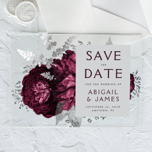 Floral Burgundy Silver Wedding Save the Date Acryleinladungen