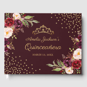 Floral Burgundy Sparkle Quinceanera Gästebuch