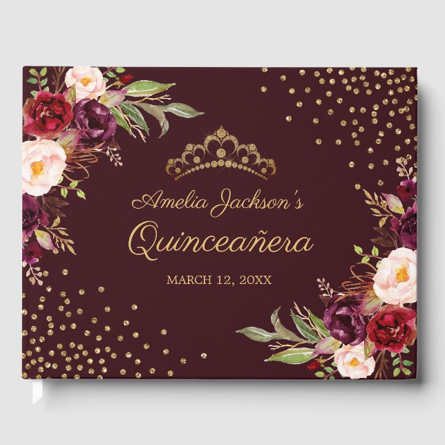 Floral Burgundy Sparkle Quinceanera Livre d'or (Recto)