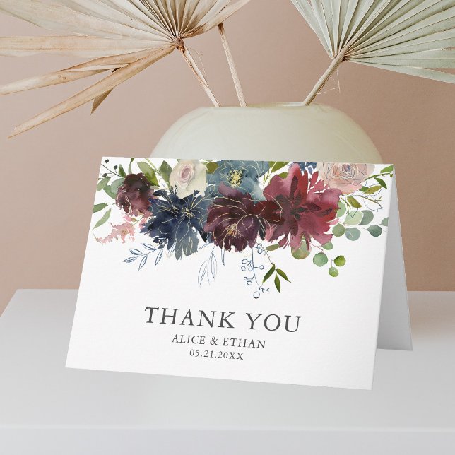 Floral Burgundy und Blue Wedding Vielen Dank Karte (Von Creator hochgeladen)