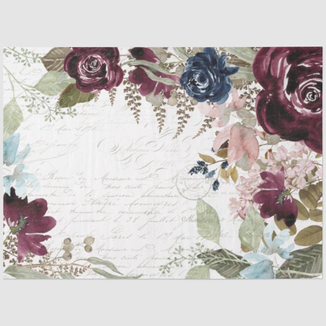 Floral Burgundy und Navy Script Ephemera Decoupage Seidenpapier (Vorderseite)