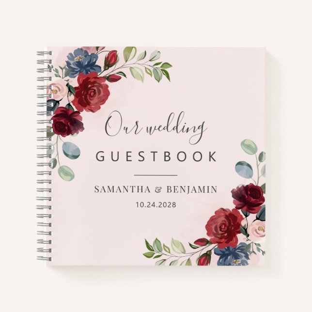 Floral Burgundy Watercolor Wedding Guest Book Notizbuch (Vorderseite)