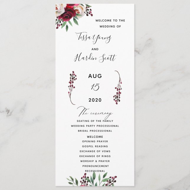 Floral Burgundy Wedding Flat Program Programm (Vorderseite)