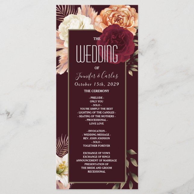 Floral Burgundy Wedding Program Programm (Vorderseite)