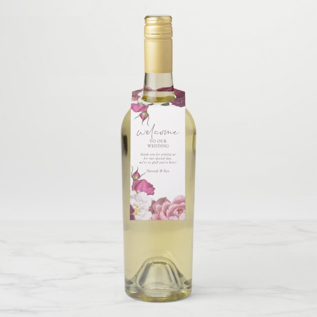 Floral Burgundy Wedding Welcome Flaschenanhänger (Auf Flasche)