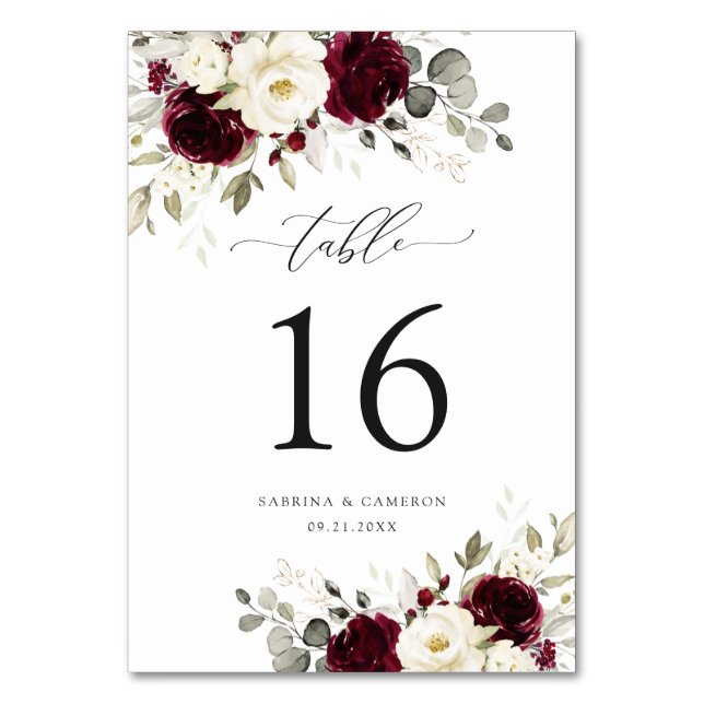 Floral Burgundy White Gold Elegante Tischnummer (Vorderseite)