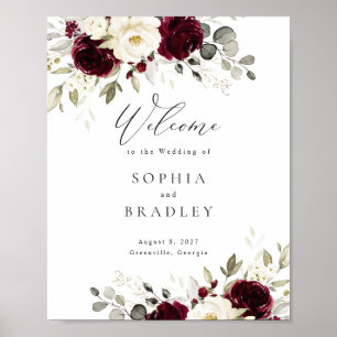 Floral Burgundy White Gold Wedding Willkommenszeic Poster