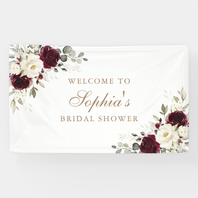 Floral Burgundy White Greenery Gold Brautparty Banner (Horizontal)
