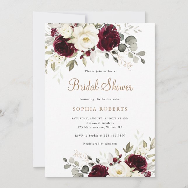 Floral Burgundy White Greenery Gold Brautparty Einladung (Vorderseite)