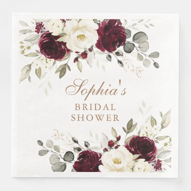 Floral Burgundy White Greenery Gold Brautparty Serviette (Vorderseite)