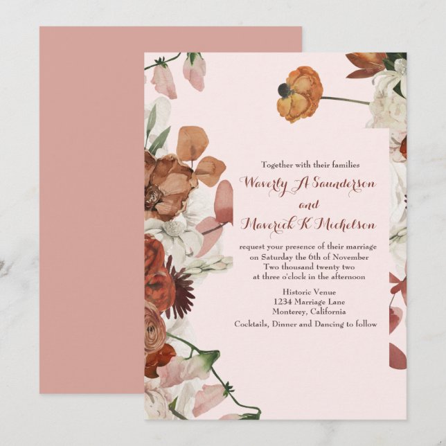 Floral Burnt Orange Dusty Rose invitations de mari (Devant / Derrière)