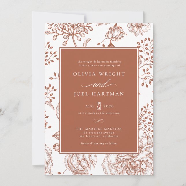 Floral Burnt Orange Elegante Wedding Einladung (Vorderseite)