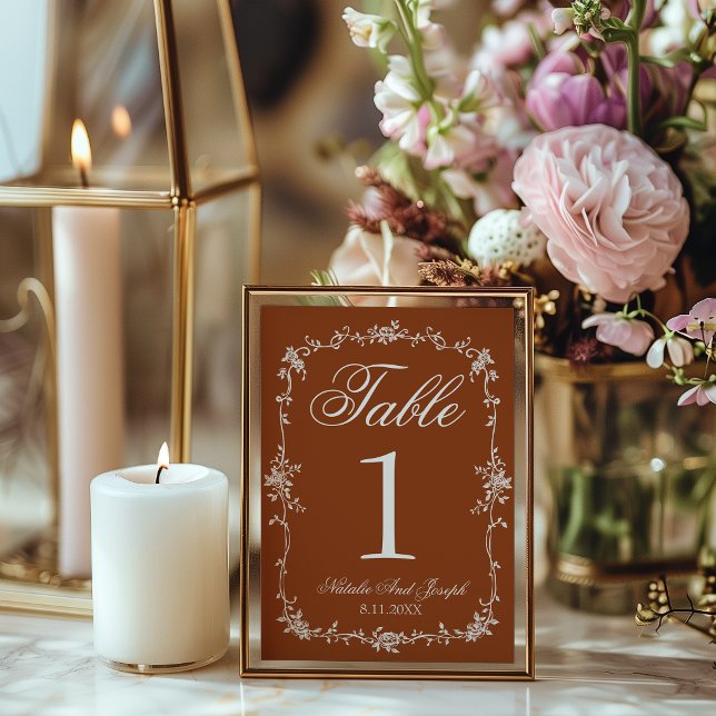 Floral Burnt Orange Old Money Wedding Table Number Einladung (Von Creator hochgeladen)