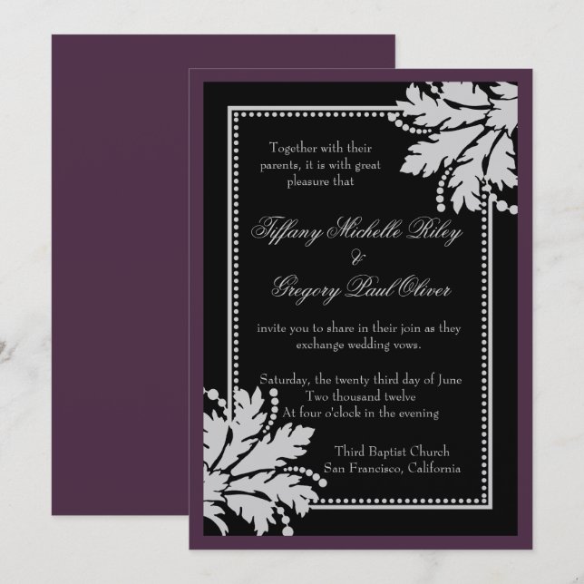 Floral Burst Wedding Invite Metallic [Eggplant] Einladung (Vorne/Hinten)