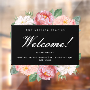 Floral Business Openings Stunden Willkommen Schwar Fensteraufkleber