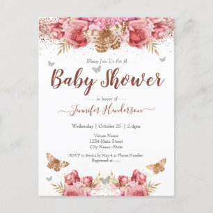Floral Butterfliegen Pink Baby Dusche Postkarte