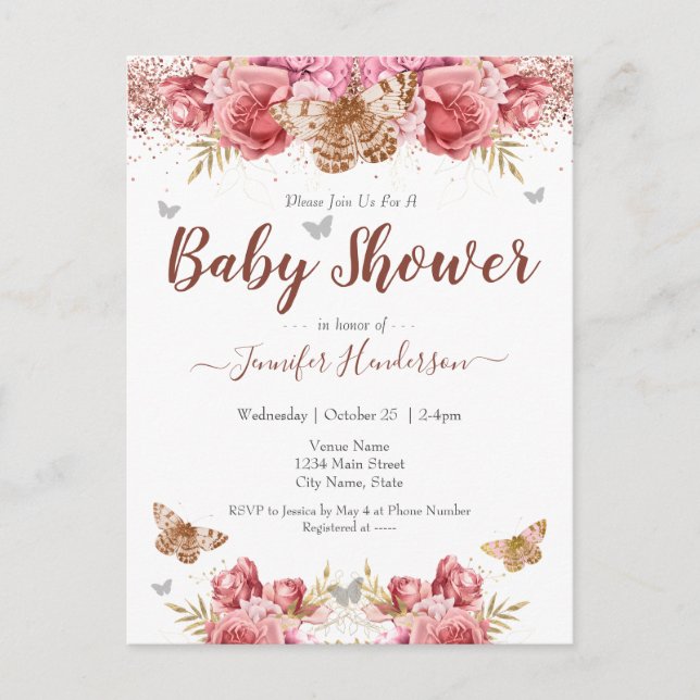 Floral Butterfliegen Pink Baby Dusche Postkarte (Vorderseite)