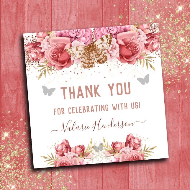 Floral Butterflies Pink Danke Baby Dusche Quadratischer Aufkleber (Von Creator hochgeladen)