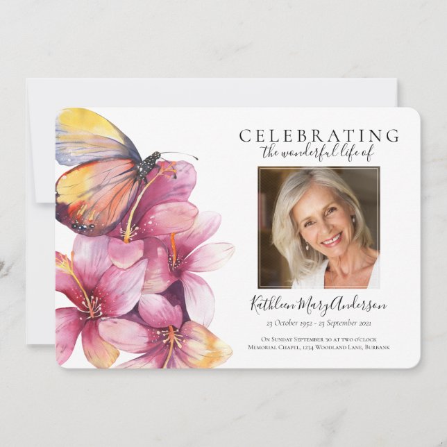 Floral Butterfly Beerdigung Einladung (Vorderseite)
