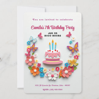 Floral Butterfly Birthday Cake Papercraft Design Einladung