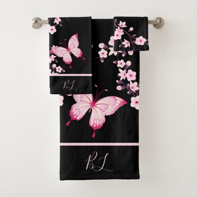 Floral Butterfly Black Pink Monogram Badhandtuch Set (Insitu)