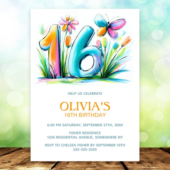 Floral Butterfly Blue Orange 16th Birthday Party Einladung (Von Creator hochgeladen)