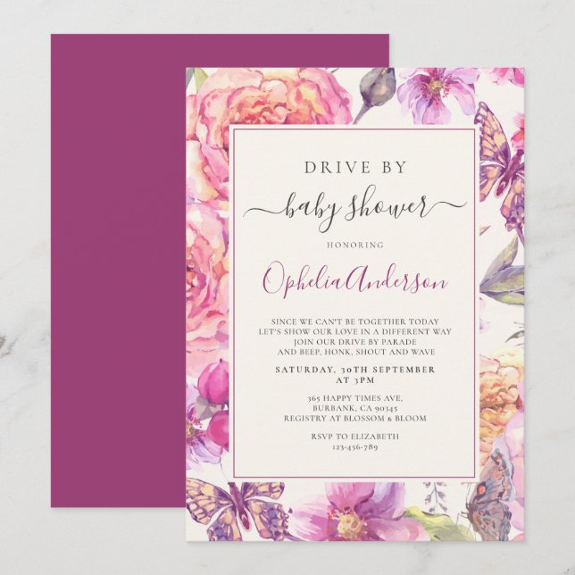 Floral Butterfly Drive mit Babydusche Einladung (Vorne/Hinten)