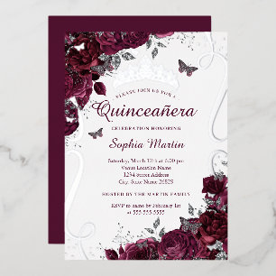 Floral Butterfly Elegant Burgundy Quinceanera Folieneinladung