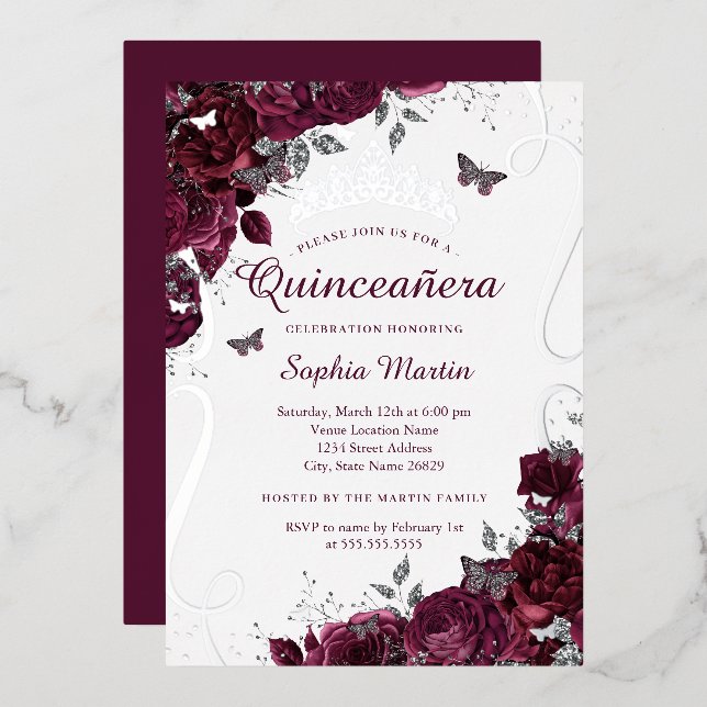 Floral Butterfly Elegant Burgundy Quinceanera Folieneinladung (Vorderseite/Rückseite)