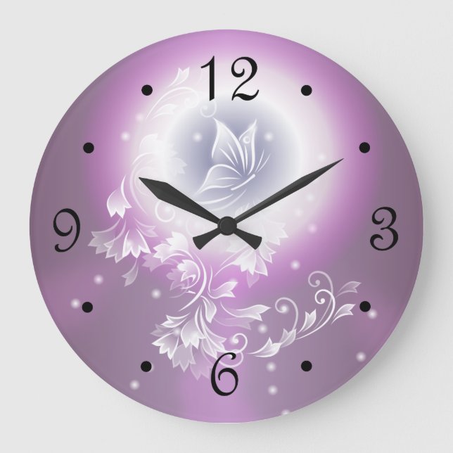 Floral Butterfly Fantasy Lila Große Wanduhr (Vorderseite)