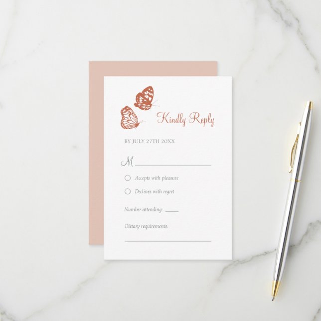 Floral Butterfly Garden Terracotta Boho Wedding RSVP Karte (Vorderseite/Rückseite Beispiel)