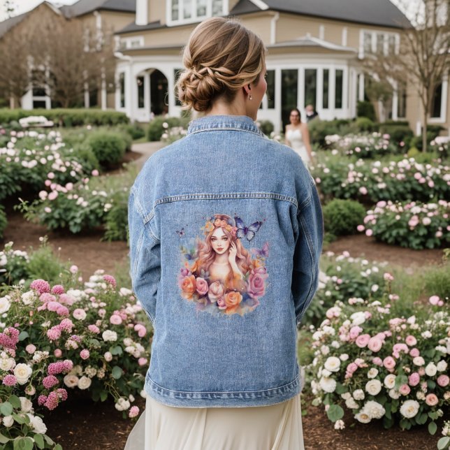Floral Butterfly Girl Elegante Moderne Technik Jeansjacke (Hochzeit Rückseite)