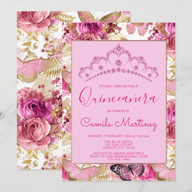 Floral Butterfly Girl Pattern Quinceanera Party Einladung (Vorne/Hinten)