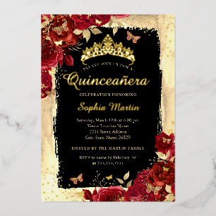Floral Butterfly Gold Red Black Quinceanera Folieneinladung