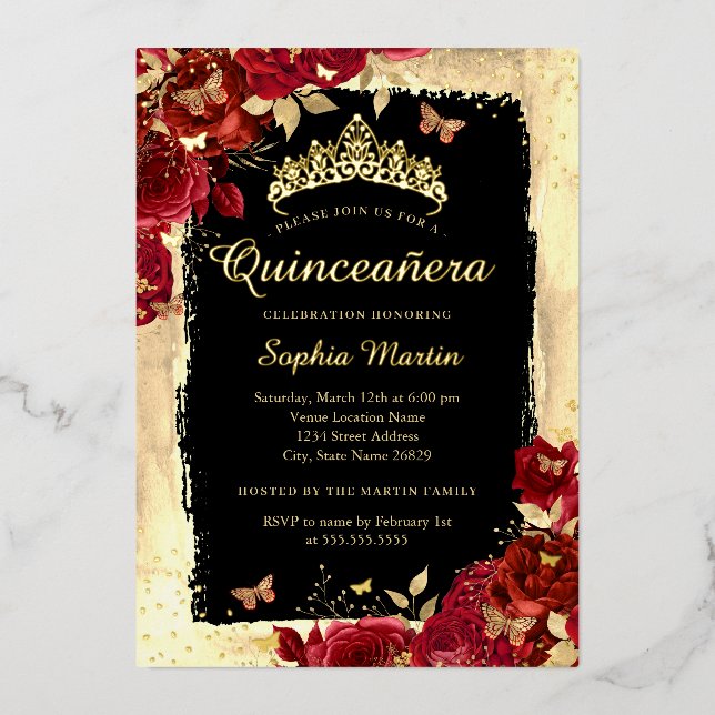 Floral Butterfly Gold Red Black Quinceanera Folieneinladung (Vorderseite)