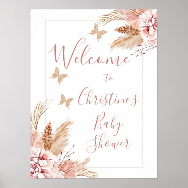 Floral Butterfly Kisses Baby Dusche Begrüßungszeic Poster (Vorne)