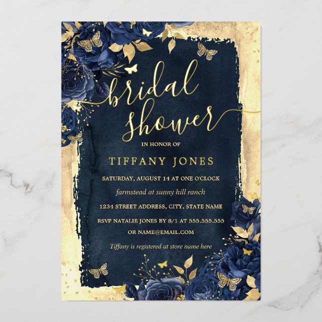 Floral Butterfly Navy Gold Brautparty Folieneinladung (Vorderseite)