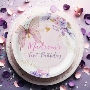 Floral Butterfly Pink Garden Girl Birthday Pappteller