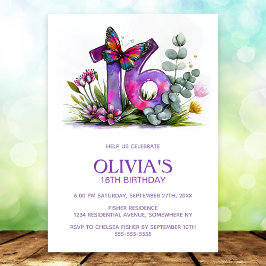 Floral Butterfly Purple Pink 16th Birthday Party Einladung