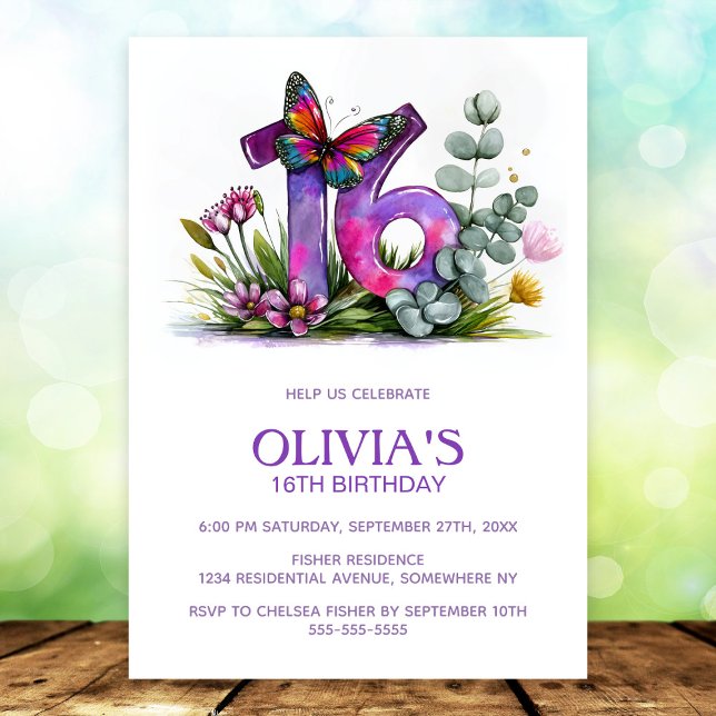 Floral Butterfly Purple Pink 16th Birthday Party Einladung (Von Creator hochgeladen)
