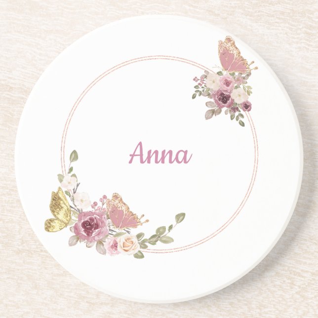 Floral Butterfly Rose Gold – Elegant Custom Design Getränkeuntersetzer (Vorne)