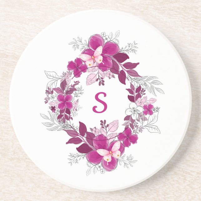 Floral Butterfly Sandstone Coaster Getränkeuntersetzer (Vorne)