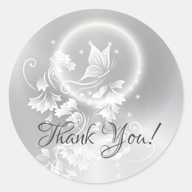 Floral Butterfly Silver Danke Runder Aufkleber (Vorderseite)