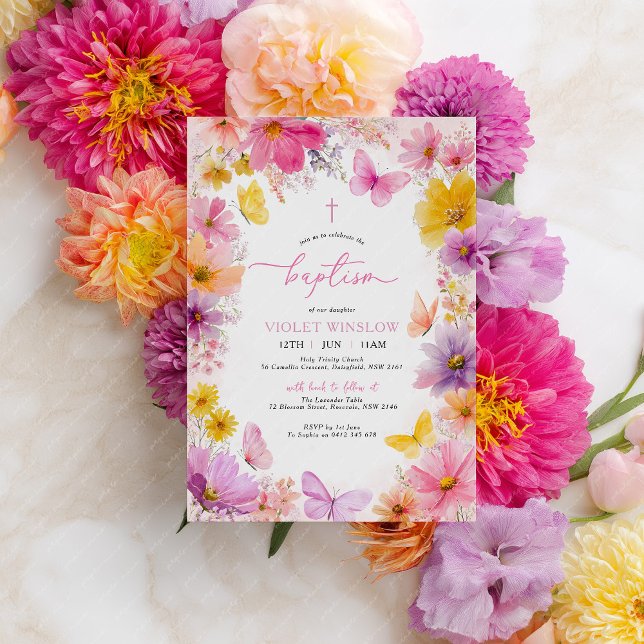 Floral Butterfly Taufe Christening Girl Bright Einladung (Bright Floral Baptism Invitation in pink, purple, yellow and peach. Baptism or Christening )