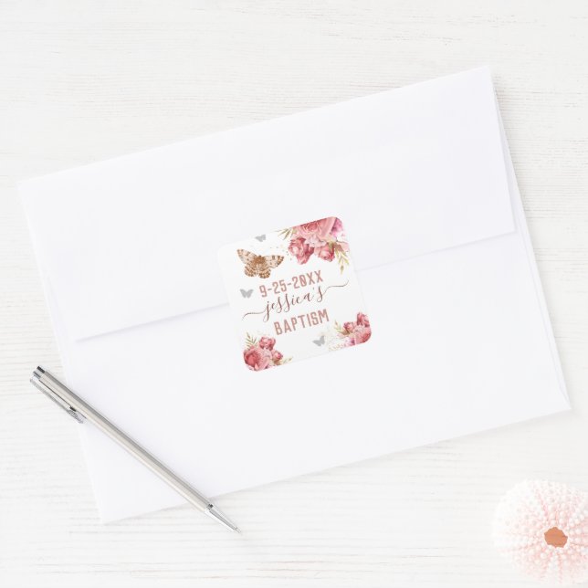Floral Butterfly Taufen Personalisierter Aufkleber (Umschlag)