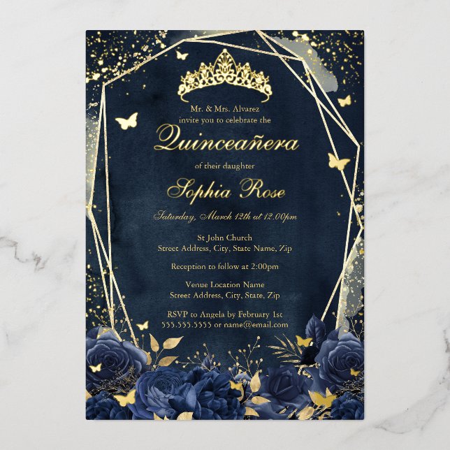 Floral Butterfly Tiara Gold Navy Quinceanera Folieneinladung (Vorderseite)