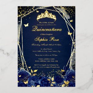 Floral Butterfly Tiara Navy Quinceanera Folieneinladung